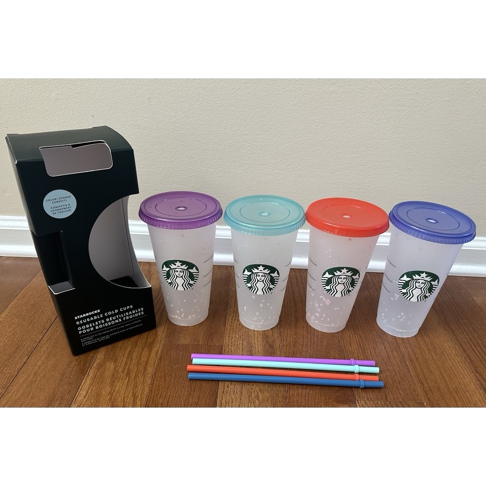 Starbucks Reusable Color Changing Confetti Cold Cups 24oz Tumbler Set of 4 NEW